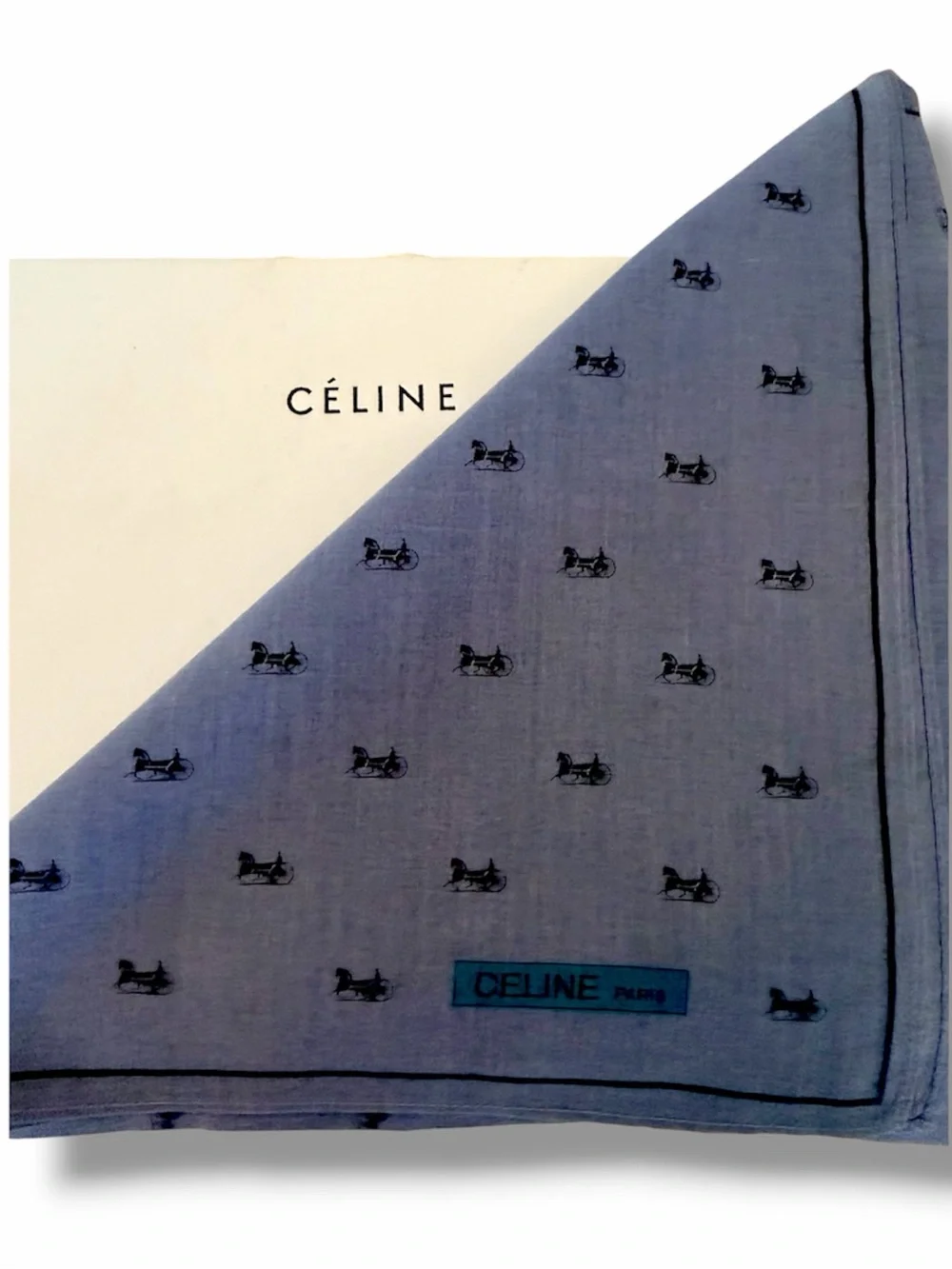 Celine Paris periwinkle blue purple all-over iconic carriage micro print scarf